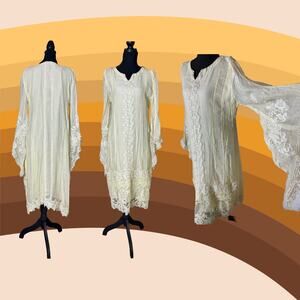 ✨ 1970s Angel Sleeve Boho Goddess Wedding Dress — Beading & Daisy Details